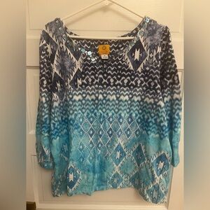 Ruby Rd. Blue and White Geometric beaded top